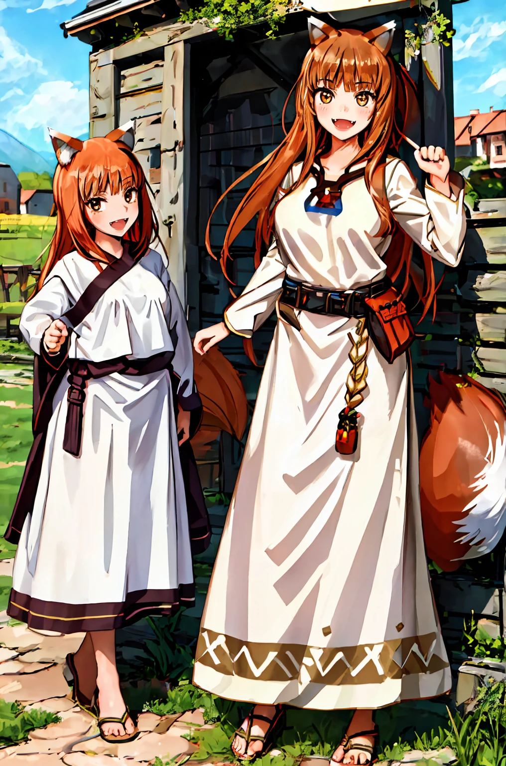 (holo:1.5), (holoBrownDress:1.5), masterpiece, best quality, absurdres, 1girl, looking at viewer, standing, cowboy shot, outdoors, medieval, cobblestone street, town, pouch, sash, smile, fruit, apple, basket,big breast, curvy, silver hair, white hair, full body, flipflops,open mouth smile, fangs,