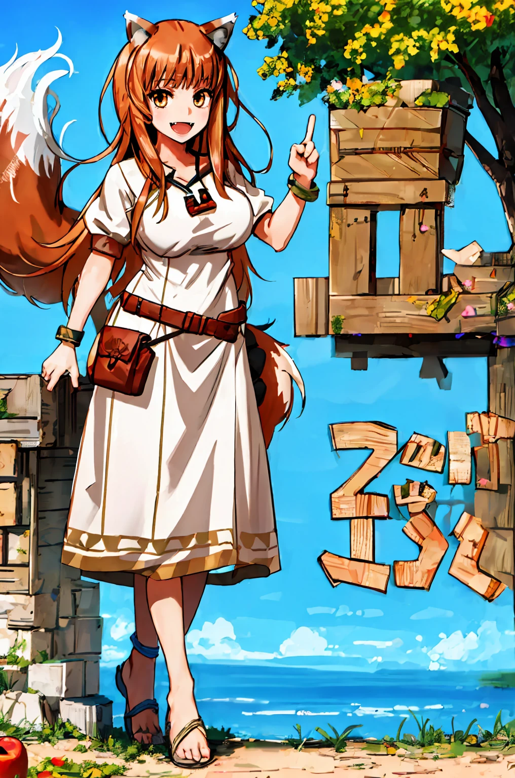 (holo:1.5), (holoBrownDress:1.5), masterpiece, best quality, absurdres, 1girl, looking at viewer, standing, cowboy shot, outdoors, medieval, cobblestone street, town, pouch, sash, smile, fruit, apple, basket,big breast, curvy, silver hair, white hair, full body, flipflops,open mouth smile, fangs,