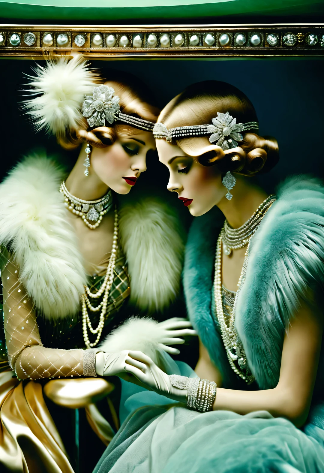 architectural photography style, portrait,best quality,8k,high resolution,super detailed,super clear,Creative style artwork,classical,,
( Two stylishly dressed girls sitting at coffee table looking out the window. Girl wearing high-end fur coat,Paired with blue gauze skirt.),gorgeous、Exquisitely crafted diamond rings and bracelets,tiara jewelry,vintage ,The atmosphere of the 1920s, (blond:1.34),Fur coat has delicate texture,smooth visible velvet,Wear pearl jewelry,Advanced custom lace clothing,perfect fingers,(White skin),(Stacking accessories),
Luxurious and plump pearls,everything is clear,Composed of beads and brilliant diamonds,Pearls are usually round,(Each bead is the same size),Carefully selected、burnish,Smooth and delicate surface,Soft shine,Diamonds are the most dazzling part,They are cleverly mounted on metal frames,Contrast with pearls,Make the whole bracelet look noble and elegant,Dressed in 1920s fashion, 1920s hairstyles, 1 9 2 0 s style, 1 9 2 0 clothes, 1 9 2 0 s fabric style,