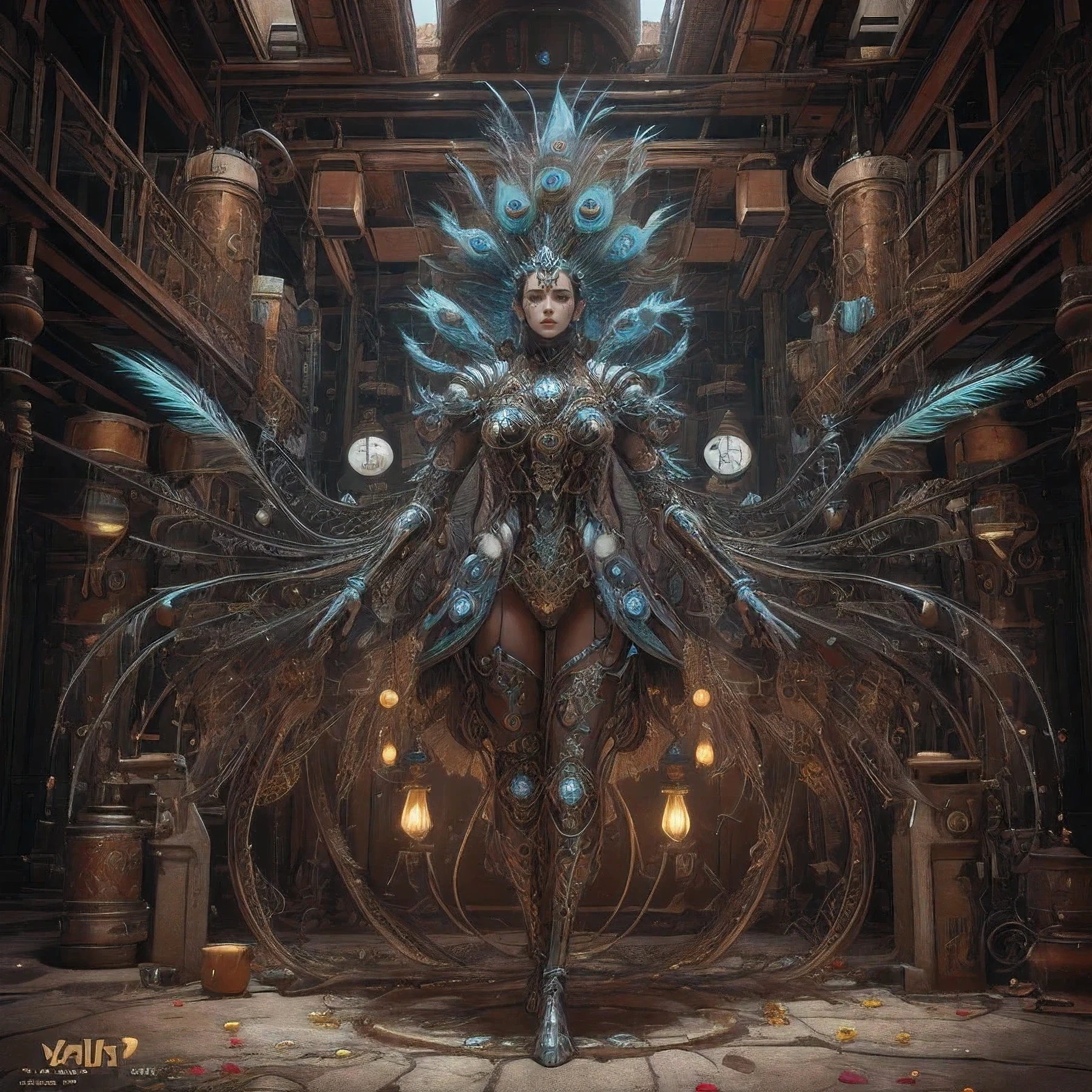 biomechanical indian peacock with mechanical feathers and mechanical indian peacock body in steampunk style, robotic peacock legs, Colorful, atmosphere of acrylic bubbles and flowers, ferrofluids, Water distortion. looking up, highly detailed object, difficult abstract. difficult artwork detailed. Beep. mixture of organic and mechanical elements, futuristic, cybernetic, detailed, difficult, dark theme, (in fear:1.2), confident, (surprised:0.7), saturated color, realistic rendering object, unreal engine 5, full frame, Dynamic poses, full , Highly detailed 
