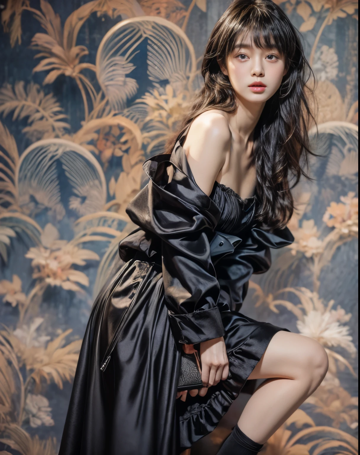 masterpiece、8K、32K、highest quality、(Detailed both eyes)、(cute japanese woman、bangs:1.3)、23 years old、1 girl、elegant、black hair、(olaroid photograph of:1.4)、(Black dress:1.4)