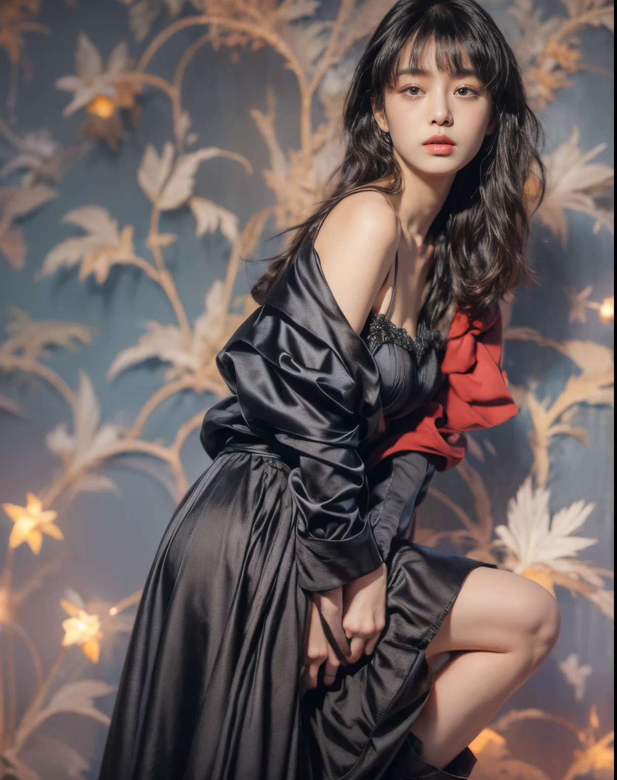 masterpiece、8K、32K、highest quality、(Detailed both eyes)、(cute japanese woman、bangs:1.3)、23 years old、1 girl、elegant、black hair、(olaroid photograph of:1.4)、(Black dress:1.4)