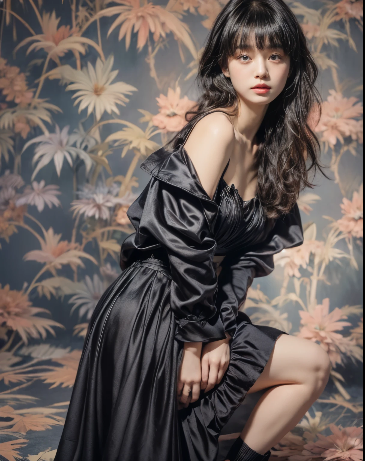 masterpiece、8K、32K、highest quality、(Detailed both eyes)、(cute japanese woman、bangs:1.3)、23 years old、1 girl、elegant、black hair、(olaroid photograph of:1.4)、(Black dress:1.4)