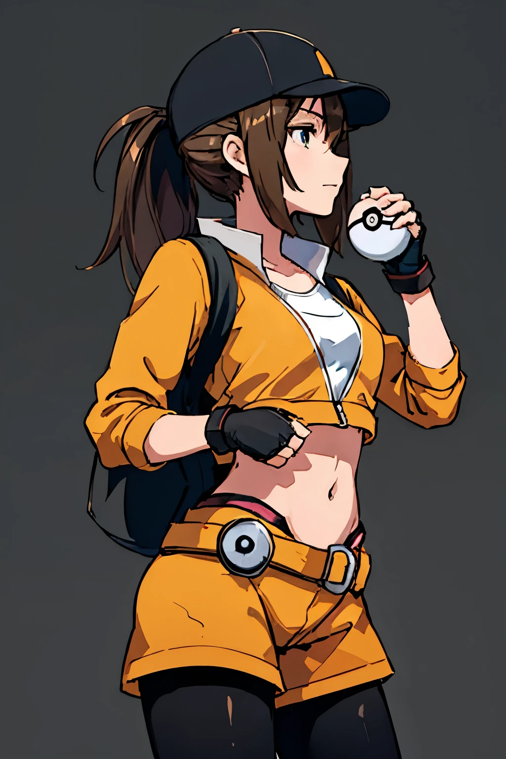 (extremely detailed CG unity 8k wallpaper),(masterpiece),(best quality),(ultra-detailed),(best illustration),(best shadow),(absurdres),  Trainer, 1girl, hat, poke ball, solo, female protagonist (pokemon go), brown hair, ponytail, gloves, fingerless gloves, baseball cap, holding poke ball, leggings, holding, poke ball (basic), long hair, bag, belt, shorts, backpack, cropped jacket, black gloves, adjusting clothes, profile, yellow background, jacket, simple background