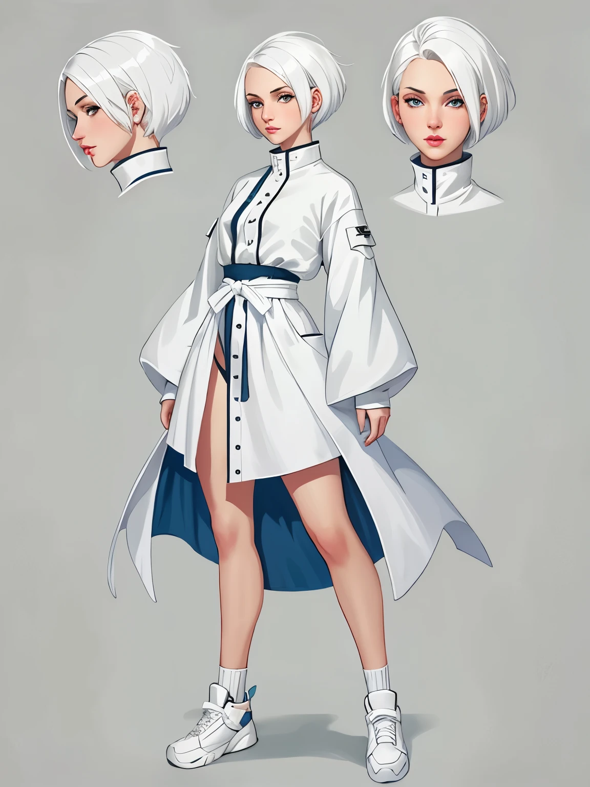 A girl with short white hair, white hair, full body, character design, digital art, digital painting, baggy clothes, detailed face, bandaid, piercing, beautiful eyes, detailed body, high quality, charecter design sheet, dynamic pose, front view, side profile , 8k, masterpiece, very detailed