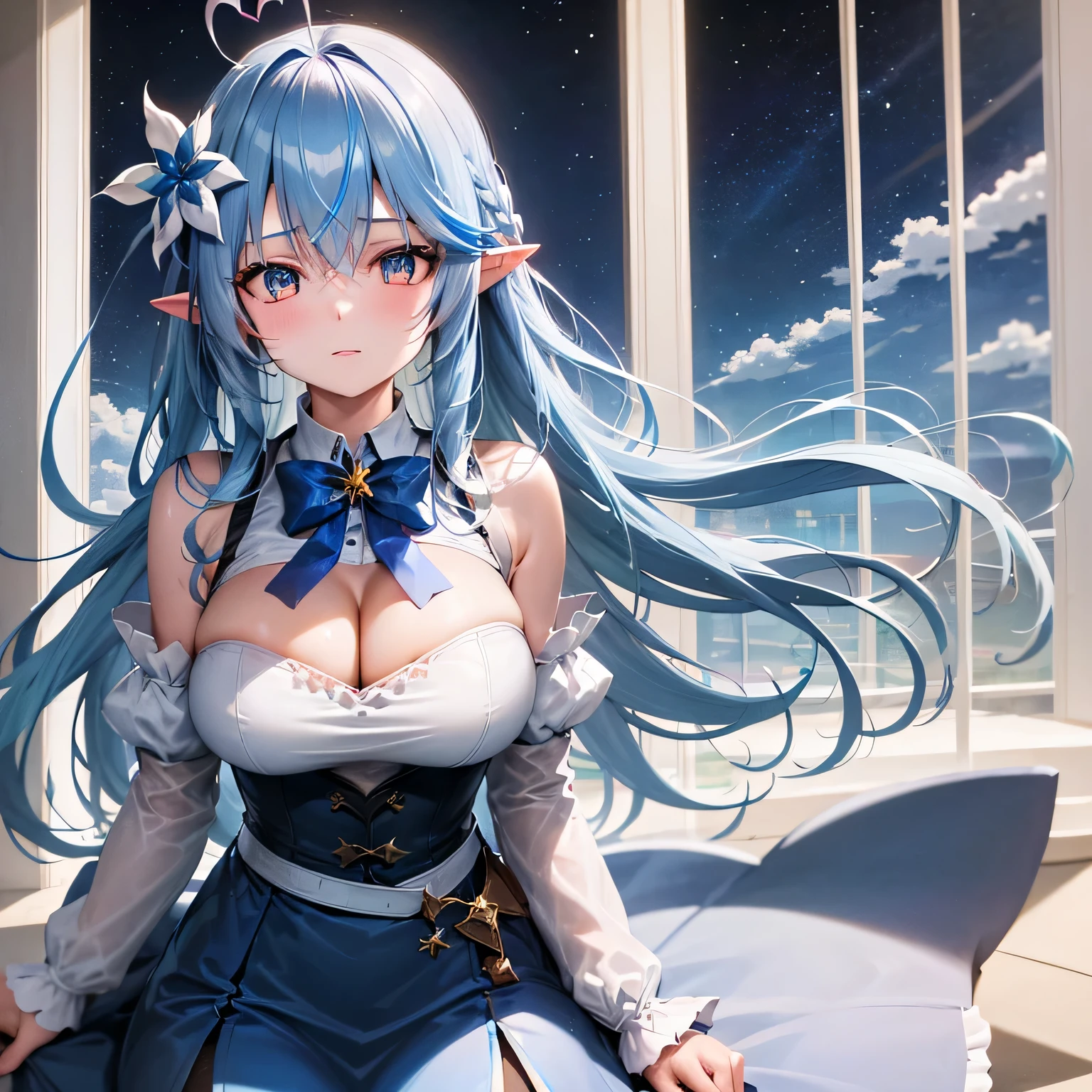 (masterpiece:1.3), (absurdres:1.3), (best quality:1.3), (ultra-detailed:1.3),(best shadow:0.7), (handled hair), pureerosface_v1, perfect anatomy, 1girl, solo, large breasts, cleavage, virtual youtuber, yukihana lamy, pointy ears, long hair, heart ahoge, hair flower, blue bow, blue bowtie, print skirt, sleeves past wrists, clothing cutout, blue skirt, zettai ryouiki, snowfield, snowflakes, snow forest, gradient hair, gradient eyes, shiny skin, shiny hair, sleeveless