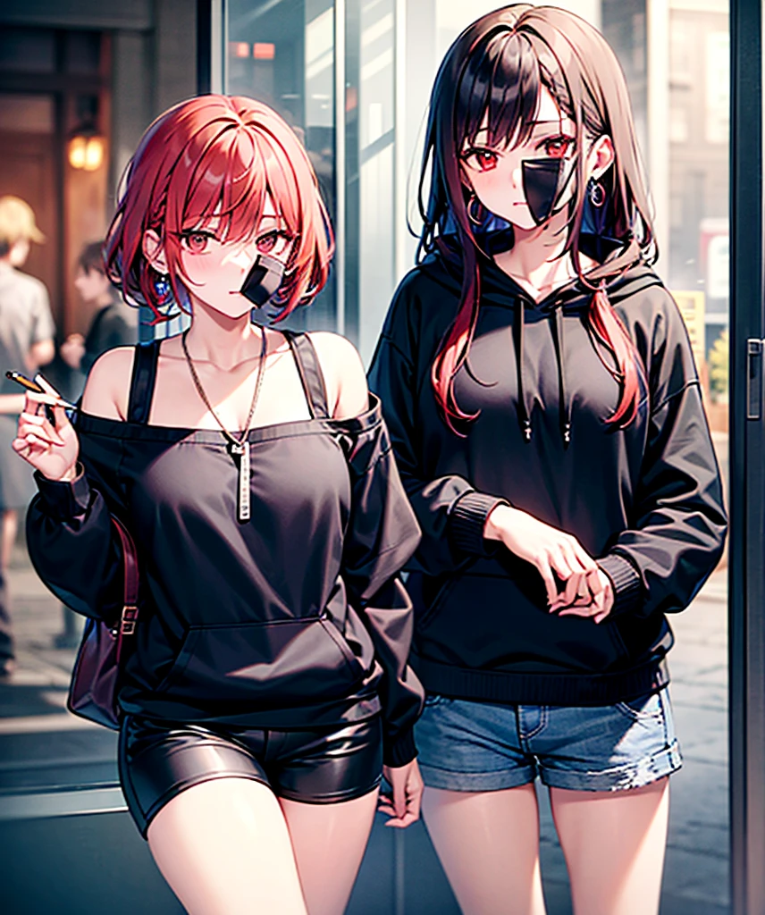 red haired woman,Braiding hair,red eyes,smoking,3 earrings in left ear,black hoodie,Black shorts