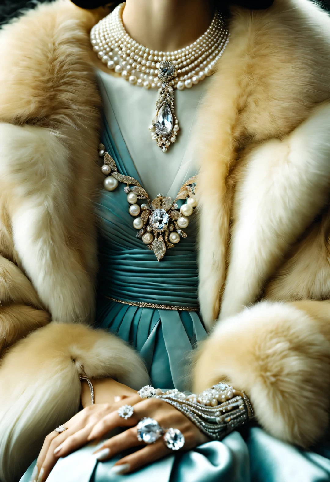 Aerial style , portrait，best quality,8k,high resolution,super detailed，super clear,Creative style artwork,classical,，
（ Two stylishly dressed girls sitting at coffee table looking out the window. Girl wearing high-end fur coat，Paired with blue gauze skirt.），gorgeous、Exquisitely crafted diamond rings and bracelets，tiara jewelry，vintage ，The atmosphere of the 1920s,  （blond：1.34），Fur coat has delicate texture，smooth visible velvet，Wear pearl jewelry，Advanced custom lace clothing，perfect fingers，（White skin），（Stacking accessories），
Luxurious and plump pearls，everything is clear，Composed of beads and brilliant diamonds，Pearls are usually round，（Each bead is the same size），Carefully selected、burnish，Smooth and delicate surface，Soft shine，Diamonds are the most dazzling part，They are cleverly mounted on metal frames，Contrast with pearls，Make the whole bracelet look noble and elegant，Dressed in 1920s fashion, 1920s hairstyles, 1 9 2 0 s style, 1 9 2 0 clothes, 1 9 2 0 s fabric style,