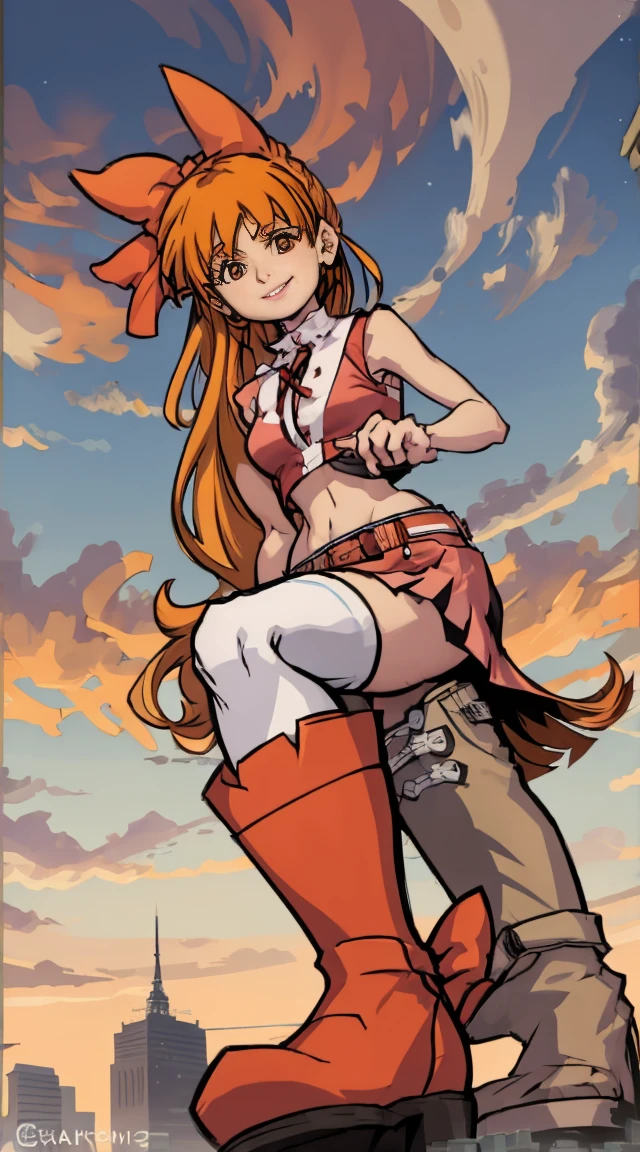 giantess art, blossom, orange hair, messy hair,hair bow,thighhighs,skirt, giantess, crop top, laughing,, (((towering over you))), (full body), miniature crowd at her feet, grin,from below, sleeveless, best quality, masterpiece,, 1girl,solo,looking at viewer, 20yo, corruption, riding boots