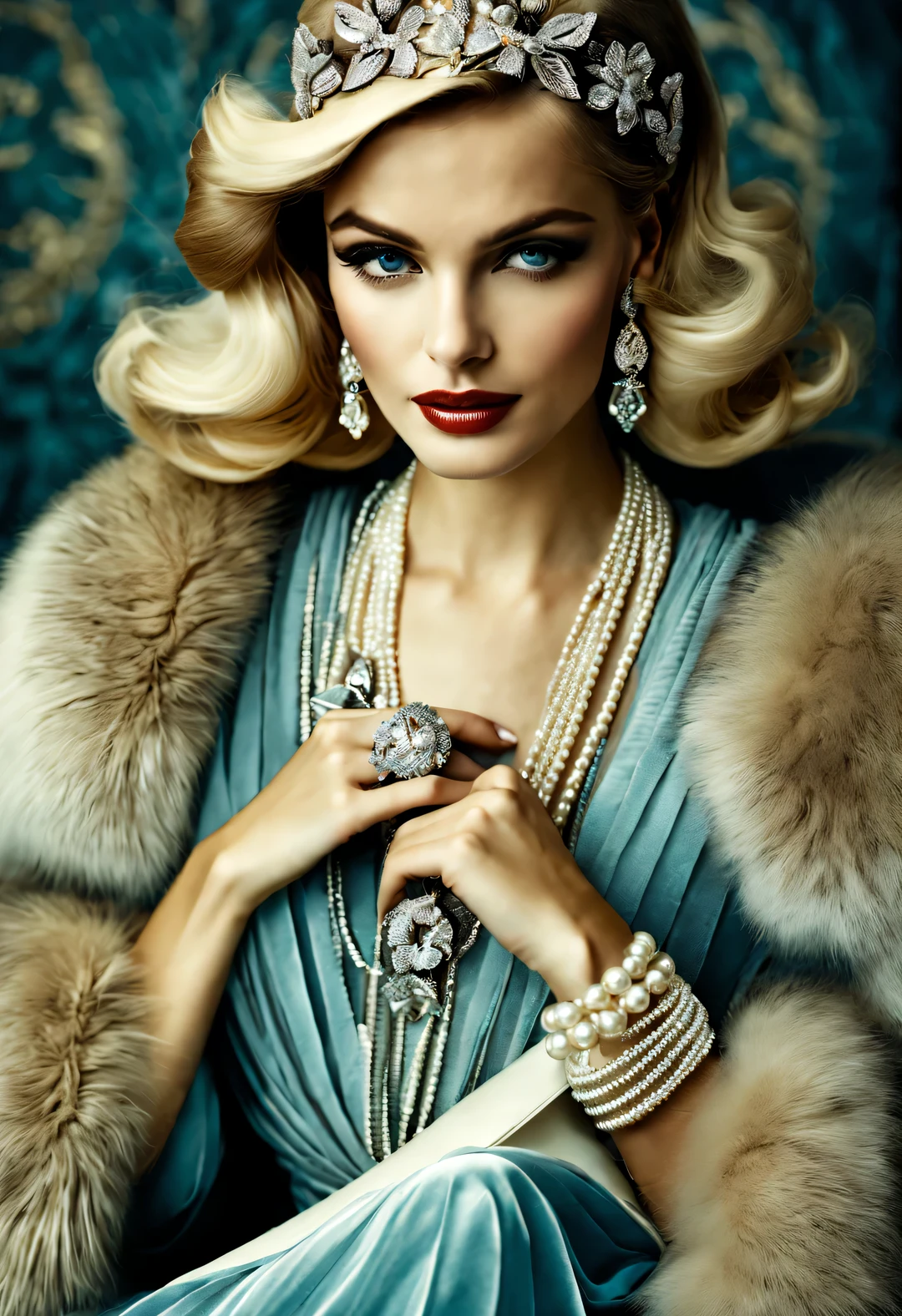 Aerial style , portrait，best quality,8k,high resolution,super detailed，super clear,Creative style artwork,classical,，
（ Two stylishly dressed girls sitting at coffee table looking out the window. Girl wearing high-end fur coat，Paired with blue gauze skirt.），gorgeous、Exquisitely crafted diamond rings and bracelets，tiara jewelry，vintage ，The atmosphere of the 1920s,  （blond：1.34），Fur coat has delicate texture，smooth visible velvet，Wear pearl jewelry，Advanced custom lace clothing，perfect fingers，（White skin），（Stacking accessories），
Luxurious and plump pearls，everything is clear，Composed of beads and brilliant diamonds，Pearls are usually round，（Each bead is the same size），Carefully selected、burnish，Smooth and delicate surface，Soft shine，Diamonds are the most dazzling part，They are cleverly mounted on metal frames，Contrast with pearls，Make the whole bracelet look noble and elegant，Dressed in 1920s fashion, 1920s hairstyles, 1 9 2 0 s style, 1 9 2 0 clothes, 1 9 2 0 s fabric style,