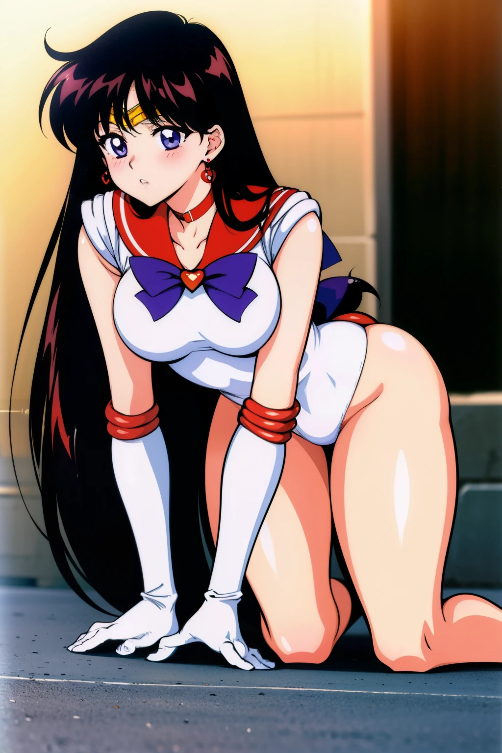 1990s \(style\), masterpiece, best quality, highres, city, ass focus, (all fours), medium breasts, 1girl, ReiHino, (sailor mars, neck ribbon, long hair, circlet, jewelry, crescent earrings), elbow gloves, white gloves, outdoors, blush, (embarrassed)