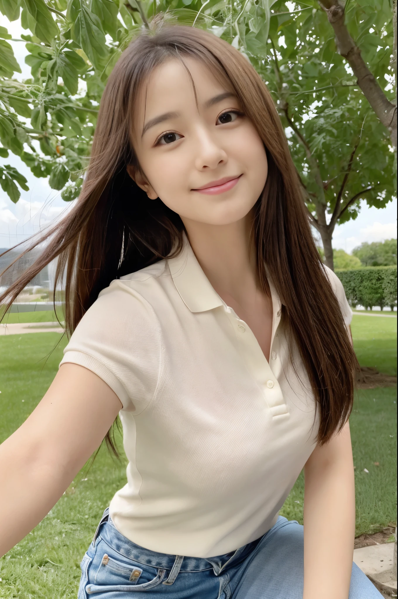 Ultra-realistic capture, Highly detailed, High resolution 16k close-up of human skin. Skin texture must be natural, With such detail that pores can be finely identified. Skin should look healthy, In a uniform tone. Use natural light and color,女子高生の制服,18歳の女子高生,きめ細かい白い肌,おっぱいシャープフォーカス,(夏のセーラー服,ネイビーブルーのミニプリーツスカートネイビーブルーのハイソックス,ローファー),seductive smile,