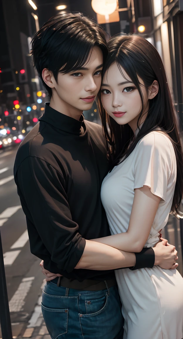 woman、male、25 years old,Hugging each other、A face that looks comfortable、city night view、