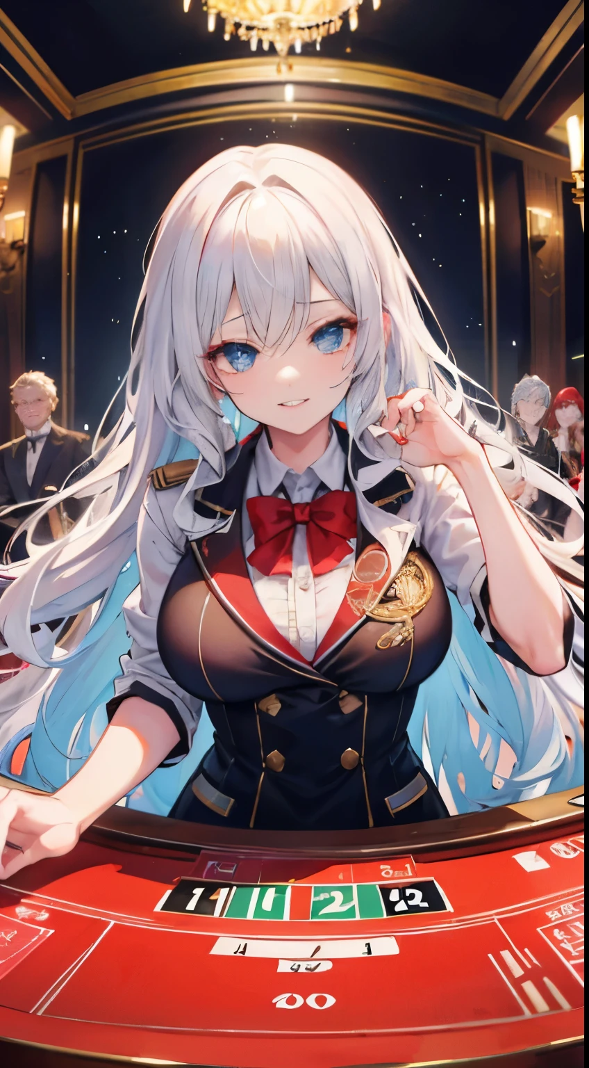 white hair girl,curly wavy hair,blue eyes,big breast,((Red academy uniform)),casino,illustration,highest quality,ultra-detailed,vivid colors,studio lighting,sharp focus (best quality,4k,8k,highres,masterpiece:1.2),extremely detailed eyes and face,longeyelashes,anime,luxury,night scene,beautiful detailed lips,glowing lights,sexy vibe,lively atmosphere,game tables,fancy decorations,golden chandeliers,expensive gambling chips,winning smiles,cocktail glasses,cigarette smoke,confident poses,high-class,rich aesthetic,card games,roulette wheel,playing cards,slot machines,poker chips,money stacks,excitement,thrilling suspense,luck,entertainment.