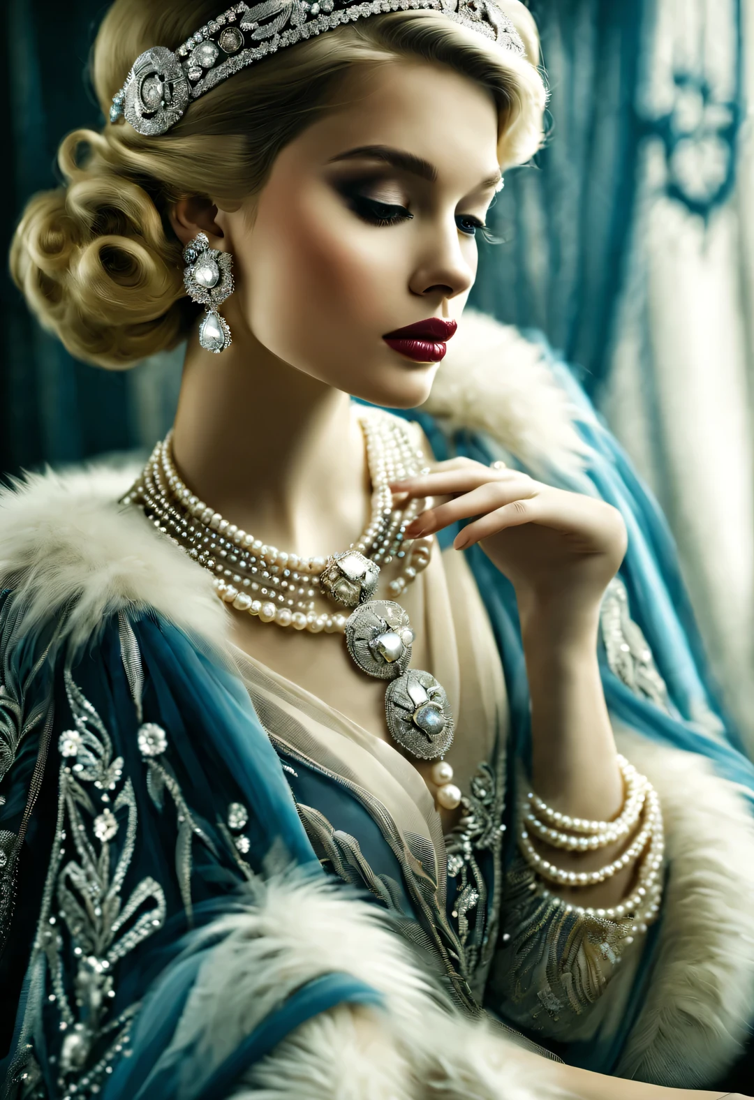 astronomy photo style, portrait，best quality,8k,high resolution,super detailed，super clear,Creative style artwork,classical,，
（ Two stylishly dressed girls sitting at coffee table looking out the window. Girl wearing high-end fur coat，Paired with blue gauze skirt.），gorgeous、Exquisitely crafted diamond rings and bracelets，tiara jewelry，vintage ，The atmosphere of the 1920s,  （blond：1.34），Fur coat has delicate texture，smooth visible velvet，Wear pearl jewelry，Advanced custom lace clothing，perfect fingers，（White skin），（Stacking accessories），
Luxurious and plump pearls，everything is clear，Composed of beads and brilliant diamonds，Pearls are usually round，（Each bead is the same size），Carefully selected、burnish，Smooth and delicate surface，Soft shine，Diamonds are the most dazzling part，They are cleverly mounted on metal frames，Contrast with pearls，Make the whole bracelet look noble and elegant，Dressed in 1920s fashion, 1920s hairstyles, 1 9 2 0 s style, 1 9 2 0 clothes, 1 9 2 0 s fabric style,