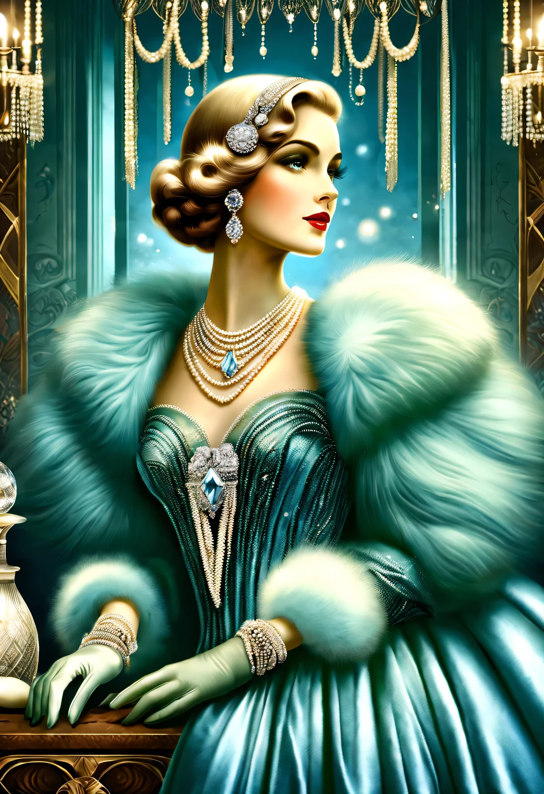 astronomy photo style, portrait,best quality,8k,high resolution,super detailed,super clear,Creative style artwork,classical,,
( Two stylishly dressed girls sitting at coffee table looking out the window. Girl wearing high-end fur coat,Paired with blue gauze skirt.),gorgeous、Exquisitely crafted diamond rings and bracelets,tiara jewelry,vintage ,The atmosphere of the 1920s, (blond:1.34),Fur coat has delicate texture,smooth visible velvet,Wear pearl jewelry,Advanced custom lace clothing,perfect fingers,(White skin),(Stacking accessories),
Luxurious and plump pearls,everything is clear,Composed of beads and brilliant diamonds,Pearls are usually round,(Each bead is the same size),Carefully selected、burnish,Smooth and delicate surface,Soft shine,Diamonds are the most dazzling part,They are cleverly mounted on metal frames,Contrast with pearls,Make the whole bracelet look noble and elegant,Dressed in 1920s fashion, 1920s hairstyles, 1 9 2 0 s style, 1 9 2 0 clothes, 1 9 2 0 s fabric style,