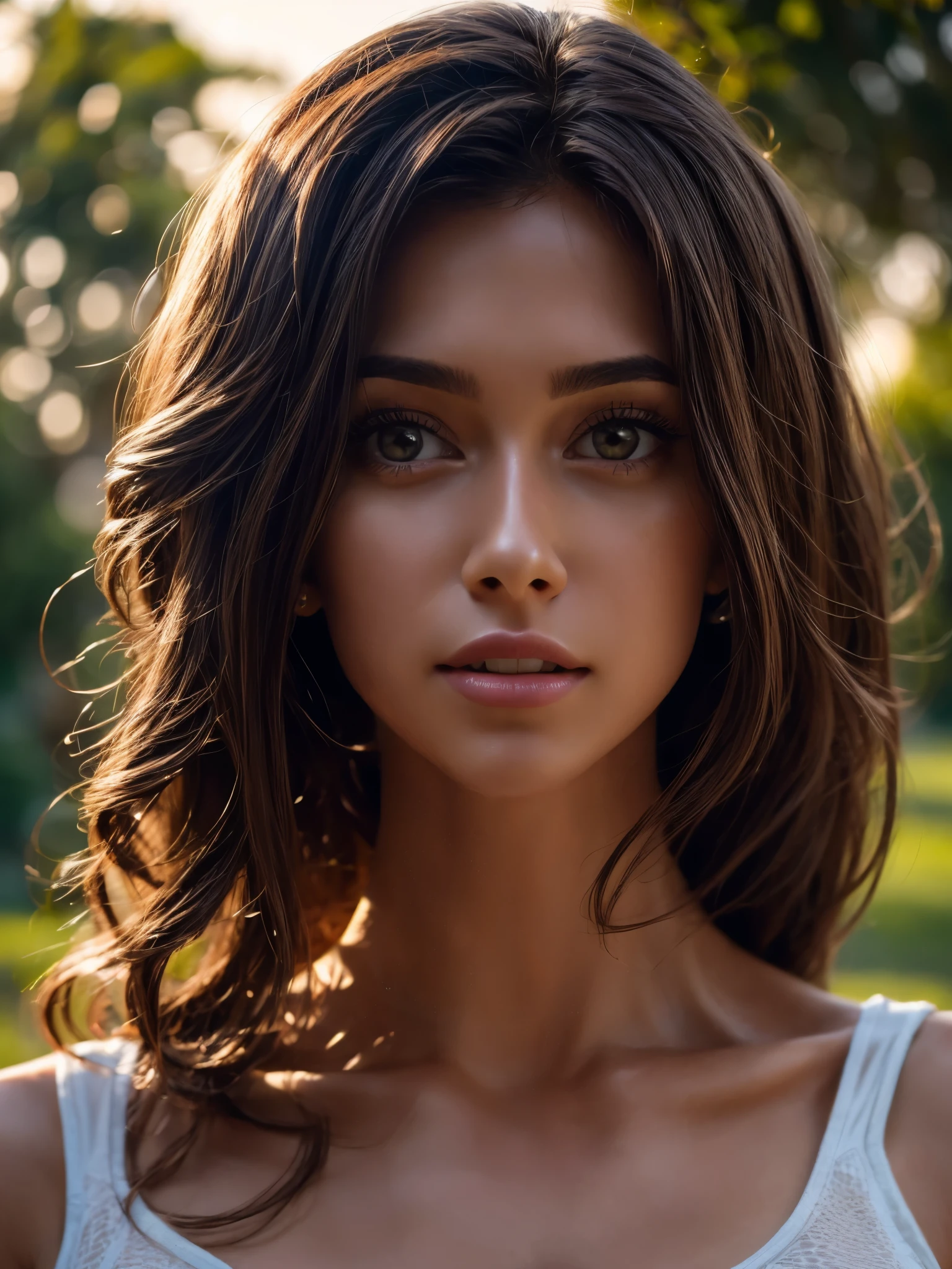 a gorgeous light brunette woman (Cristy Ren), professional full body photo, (4k photo:1.1) by (Jeremy Lipking:0.3), (Dittmann Anna:0.3), (Arian Mark:0.3), (Sharp focus:1.3), high detail, wearing casual clothes, park, wavy hair, instagram model pose, confident, nice body, lean girl, perfect anatomy, perfect symmetry:1.2, realistic, realistic face:1.2, perfect face, happy, confident, highly detailed, and dramatic, cinematic lighting, bright scene,