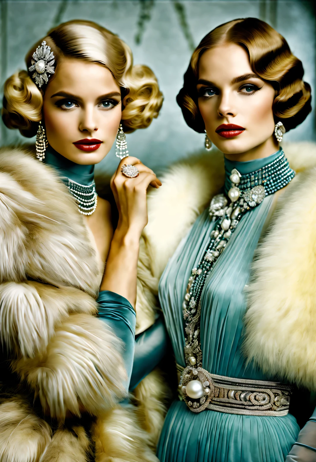 scientific photography style, portrait,best quality,8k,high resolution,super detailed,super clear,Creative style artwork,classical,,
( Two stylishly dressed girls sitting at coffee table looking out the window. Girl wearing high-end fur coat,Paired with blue gauze skirt.),gorgeous、Exquisitely crafted diamond rings and bracelets,tiara jewelry,vintage ,The atmosphere of the 1920s, (blond:1.34),Fur coat has delicate texture,smooth visible velvet,Wear pearl jewelry,Advanced custom lace clothing,perfect fingers,(White skin),(Stacking accessories),
Luxurious and plump pearls,everything is clear,Composed of beads and brilliant diamonds,Pearls are usually round,(Each bead is the same size),Carefully selected、burnish,Smooth and delicate surface,Soft shine,Diamonds are the most dazzling part,They are cleverly mounted on metal frames,Contrast with pearls,Make the whole bracelet look noble and elegant,Dressed in 1920s fashion, 1920s hairstyles, 1 9 2 0 s style, 1 9 2 0 clothes, 1 9 2 0 s fabric style,