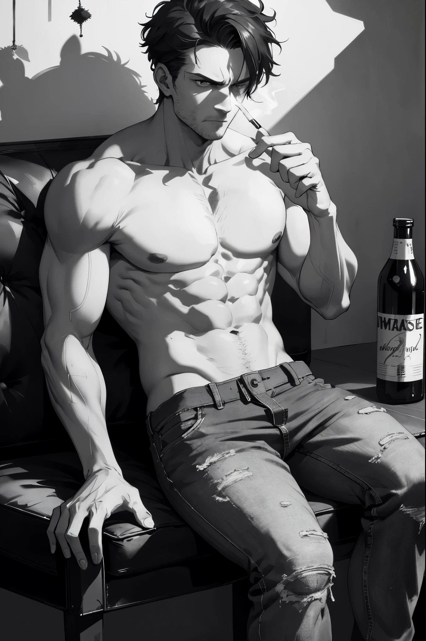 Ultra-realistic 8K CG, masterpiece, best quality, a brooding man, solo, impressive physique with broad shoulders and chiseled jawline, unkempt hair and hungover eyes, expressing deep sadness and anger, wearing a simple, worn-out t-shirt and jeans, sitting alone in the dimly lit room, smoke curling from an old cigarette between his fingers, shadows casting long, dramatic lines on his face and hands, the room adorned with shattered bottles and scattered papers, the overall composition exuding an air of melancholy and despair.