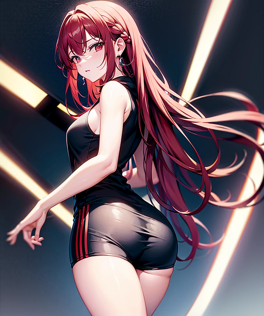 +sparkle+ 1_girlsolo, anime girl, long red hair, short bangs, baseball cap, blue bikini headphones, beach lighting,stage,(best quality:1.2),(ultra-detailed:1.2),(realistic:1.37),HDR,vivid colors,portraits, figure,headphone girl,anime style, atmosphere,techno music,electronic dance music,festival vibes,hip hop beats,festival outfit,energetic dance moves,expressive eyes,hairstyle with vibrant colors,neon lights,beaming smile,positive vibes,high-energy performance,stylized backgrounds,colorful visuals,excitement in the air, dancing, back turned 