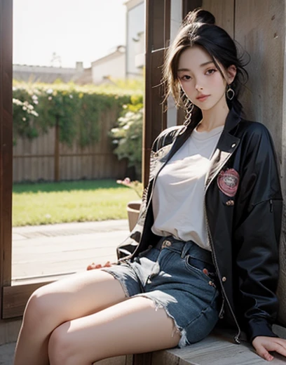 Mujer. Buen cuerpo. Morocha. Vestida de un top rosa. Campera recortada. Shorts de cuero. Pelo negro dos trenzas.