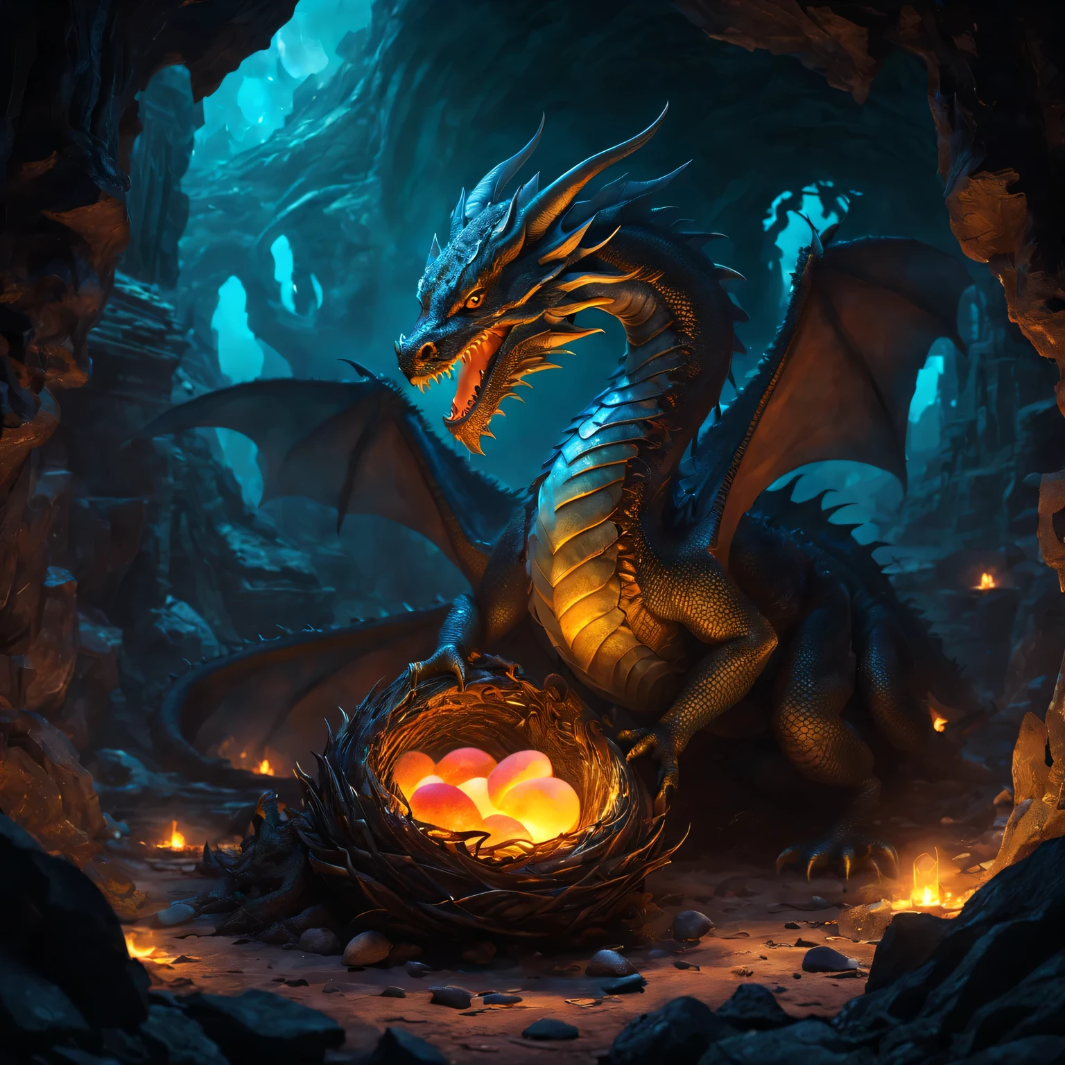 (best quality,4K,high resolution,masterpiece:1.2),dramatic lighting,Dragon eggs,Nest,spongy,hatch dragon,Detailed scale,emerge from darkness,bright colors,concept art,crackling shells,Steam,surrounded by ancient symbols,glow,mythical character,ancestral energy,The environment is harsh,dangerous,Hidden treasures unearthed,Superior craftsmanship,Huge female dragon protects her babies,Powerful Guardians,Underworld,mysterious atmosphere,amazing spectacle,shadows and whispers,otherworldly presence,Mysterious and charming