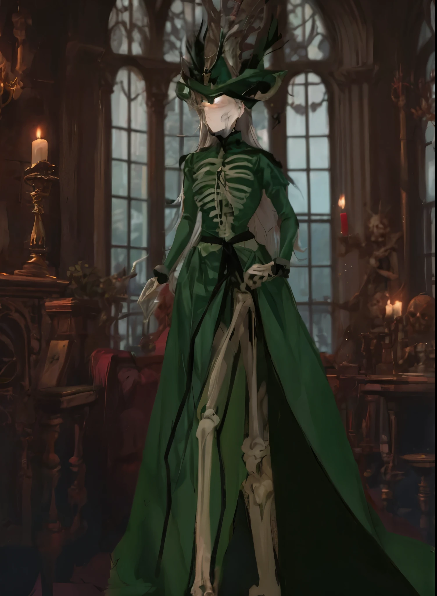 Skeleton witch in the castle,green skirt