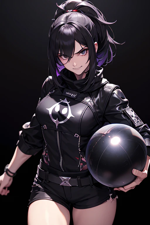 black aura, masterpiece, best quality, high resolution, detailed, 1 occult beautiful girl, short pants, muscle, fighter, (black background:1.2), (killer:1.5), smirk, (dark stomsphere:1.3)