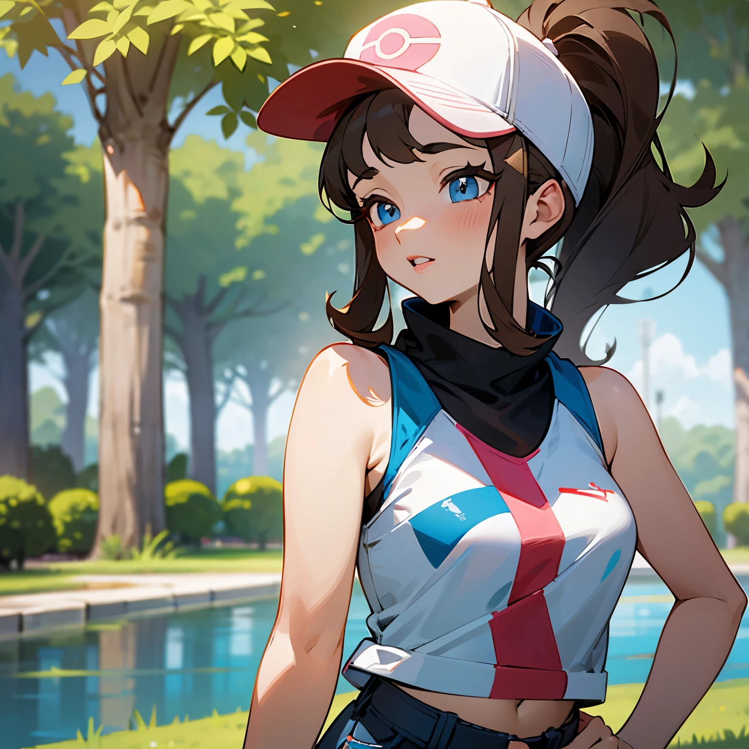 Hilda from Pokémon, Pokémon trainer, cute girl, brown hair, white and pink baseball cap, ponytail, jean shorts, sleeveless top, pretty, glossy lips, adult woman, 25 years old, american woman, tomboy, sky blue eyes