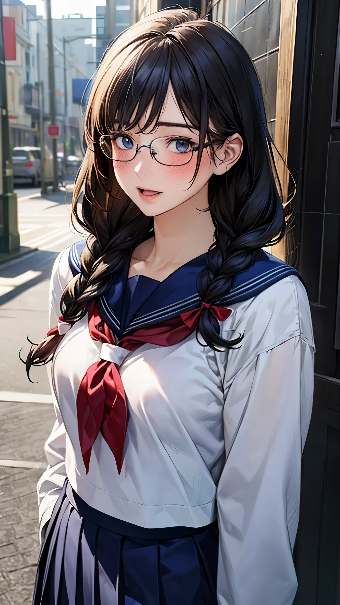 (masterpiece:1.2, top-quality), (realistic, photorealistic:1.4), beautiful illustration, (natural side lighting, movie lighting),
looking at viewer, upper body, (front view), 1 girl, japanese, 16 years old, perfect face, cute and symmetrical face, shiny skin, babyface,
(long hair, twin braids, straight hair:1.2, black hair), braided bangs, blue eyes, (middle breasts),
beautiful hair, beautiful face, beautiful detailed eyes, beautiful clavicle, beautiful body, beautiful chest, beautiful thigh, beautiful legs, beautiful fingers,
((long sleeves, all navy cute sailor suit, navy pleated skirt, navy sailor collar, red sailor scarf)), black-rimmed glasses,
(beautiful scenery), evening, street, walking, (half-open mouth, full-face blush),