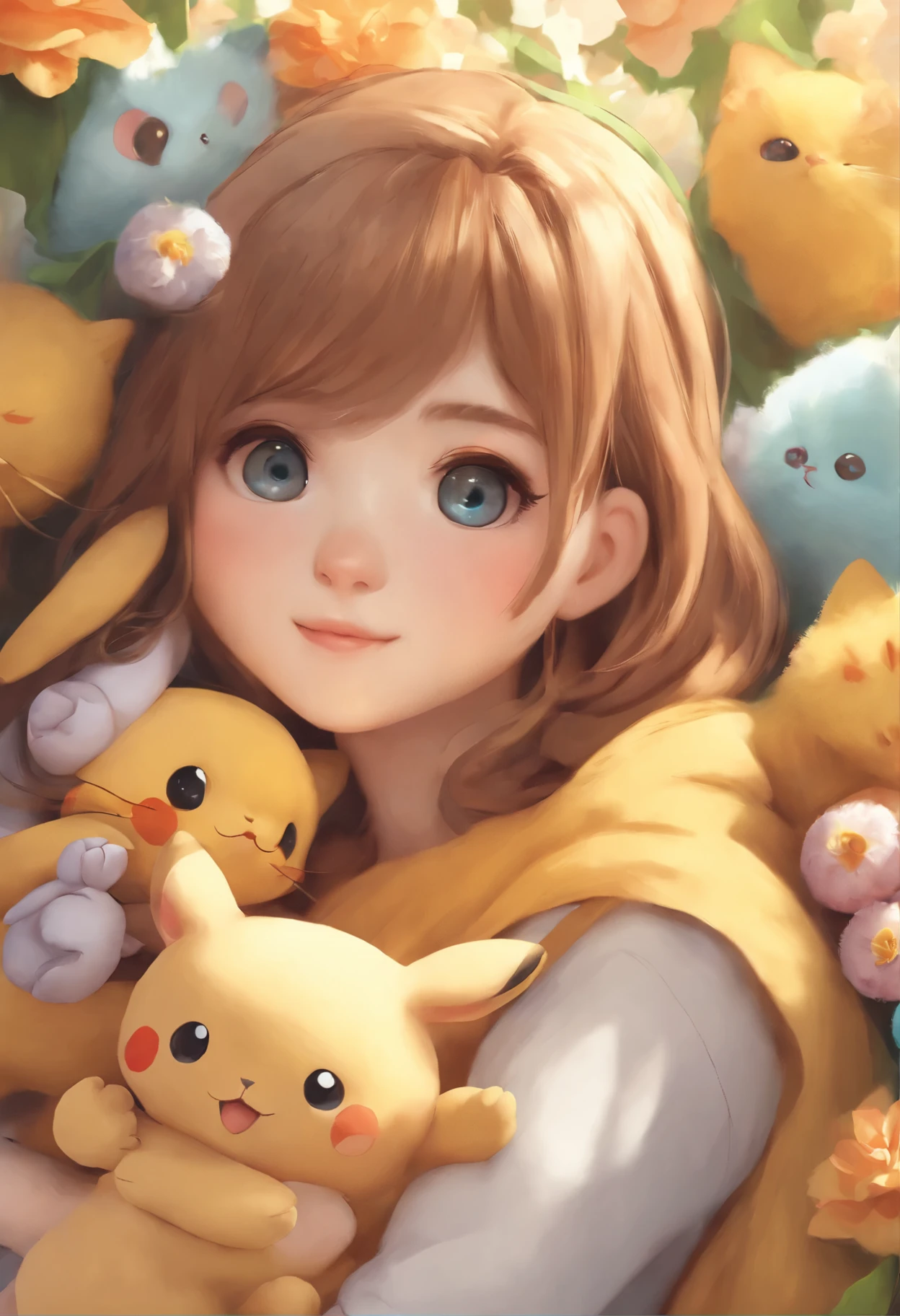 Anime girl with lots of stuffed animals and a cat, Lindo arte digital detallado, por Ryan Yee, Lindo estilo de arte, Adorable pintura digital, Lindo arte digital, lindas ilustraciones detalladas, digital anime illustration, 3D render arte oficial, Arte oficial de alto detalle, official illustration of the character, Anime estilizado, Kawaii HQ render, Estilo de arte pokemon, lindas ilustraciones, fanart detallado