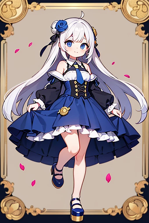 her very long white hair flows down to her shoulders。A blue rose hair ornament was embedded on the right side of her head.。On the left side of her head was a pale blue lotus flower decoration that shone faintly and was impressive.。Her blue eyes are framed by coarse hair.、Standing facing this side with a smile。She has small breasts and wears a black blouse.,It was covered from the shoulders to the upper arms with short lantern sleeves.。A white line clearly stands out on the collar of the blouse.、Finished with a navy ascot、The tie ring decorated with gold coins was shining.。Her white petticoat and large navy blue overskirt spread out like petals and covered her knees.、A black underbust corset with yellow lace peeks out above it.。 Her platform shoes had square toes。Ankles are decorated with ankle strap shoes。