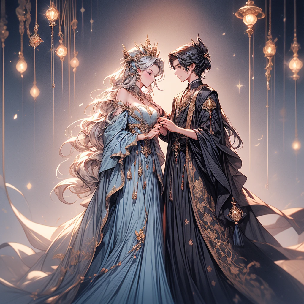 Ornately decorated、A dynamically moving large blue crystal bell chimes、A dynamic background painting with a strange light pattern drawn on it.。 in front、A young magician girl is chanting a spell with a book in her hand。 she、Surrounded by enchanting celestial bodies and intricate symbols with a theme of magic and the astral world。 The main character is、long platinum wavy hair、Striking blue eyes that reflect magical light、and has an otherworldly appearance。 Wearing a dark blue witch's hat decorated with flowers、She wears a navy blue and light blue dress with gold accents.、It suggests the status of royalty or a scholar.。 The costumes feature intricate designs that symbolize attention to detail and craftsmanship.。 Her light blue hair is partially braided、Decorated with flowers and jewel accessories、symbolizes elegance。