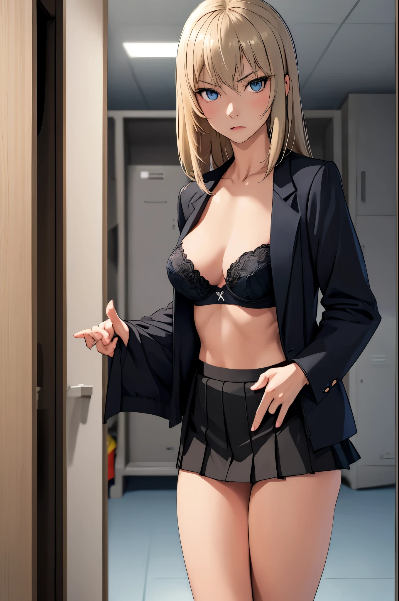 masterpiece, best quality, Itsumi Erika, 1girl, ashen blonde hair, blue eyes, solo, medium breasts, standing frontally, pov, looking at viewer, black skirt, sexy black underwear, black bra, undressing her jacket, whole body can be seen, indoors, locker room, expressionless, detailed hands, five fingers, female genitals