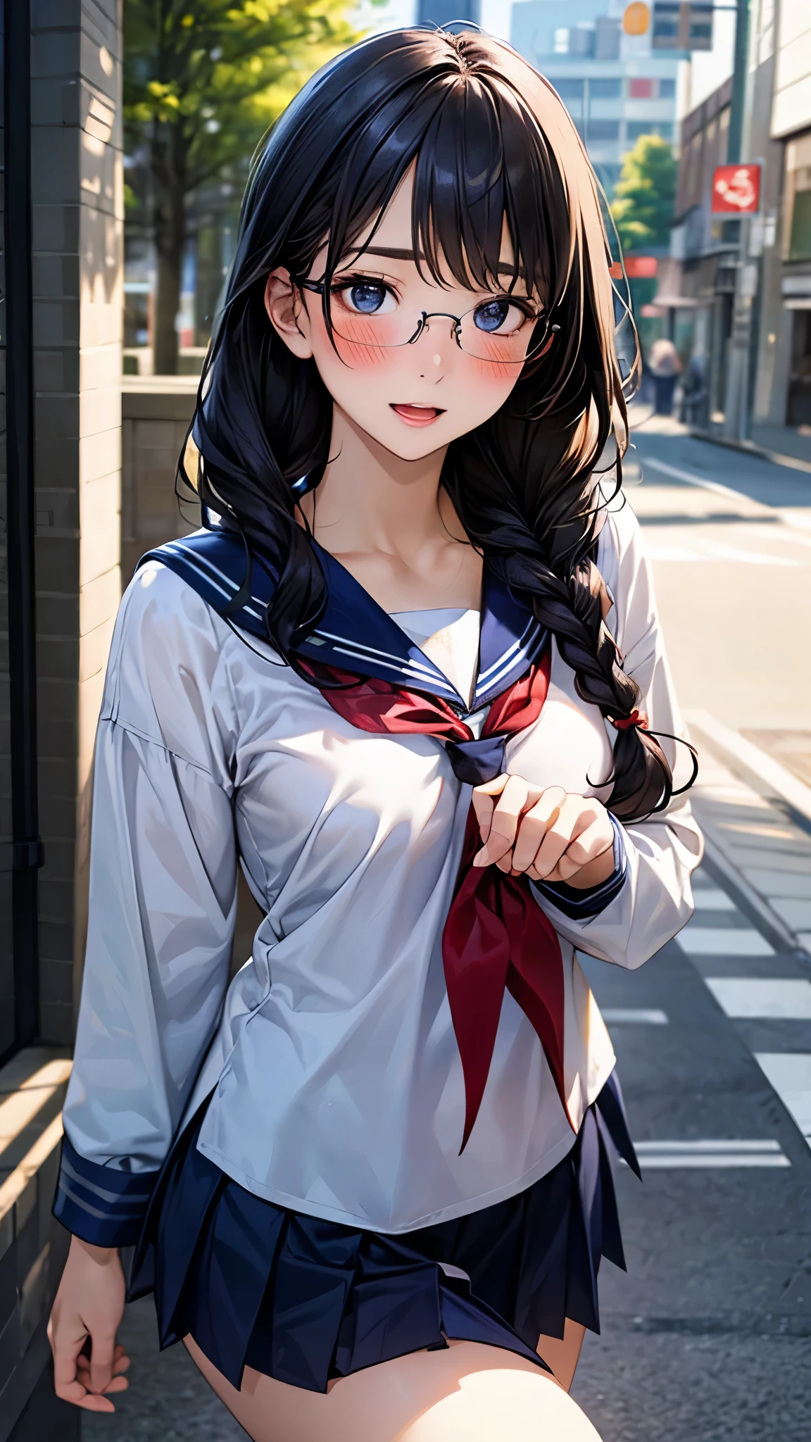 (masterpiece:1.2, top-quality), (realistic, photorealistic:1.4), beautiful illustration, (natural side lighting, movie lighting), 
looking at viewer, upper body, (front view), 1 girl, japanese, 16 years old, perfect face, cute and symmetrical face, shiny skin, babyface, 
(long hair, twin braids, straight hair:1.2, black hair), braided bangs, blue eyes, (middle breasts), 
beautiful hair, beautiful face, beautiful detailed eyes, beautiful clavicle, beautiful body, beautiful chest, beautiful thigh, beautiful legs, beautiful fingers, 
((long sleeves, all navy cute sailor suit, navy pleated skirt, navy sailor collar, red sailor scarf)), black-rimmed glasses, 
(beautiful scenery), evening, street, walking, (half-open mouth, full-face blush), 