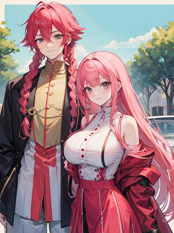 couple，A woman with long hair and a man with braids，pink haired woman，red haired man，smile，big breasted woman