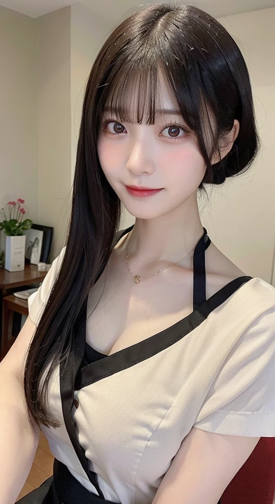 (top-quality,masterpiece:1.3,超A high resolution,),(ultra-detailliert,Caustics),(Photorealsitic:1.4,RAW shooting,)Ultra-realistic capture,A highly detailed,High resolution 16K human skin close-up。 Skin texture is natural、,The pores are、Must be detailed enough to be easy to identify。 Skin should look healthy with even tones。 Use natural light and color,resturant,Waitress uniform,1人,japanes,18year old,kawaii,A dark-haired,Middle hair,(large boob:1.2),smil,Turn your body to the front,(front-facing view:1.2),Looking at the camera,Bust-up shot:1.1,boob focused:1.1,Chest close-up:1.1