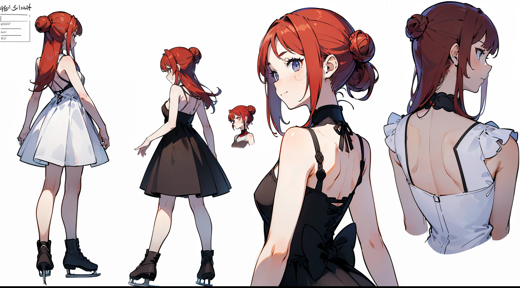 ((Best quality)), ((masterpiece)), ((Realistic)) 19 years, red-haired girl, armpit-length hair, relaxed happy face ((Slim)) (busty), ((( Figure skater's dress)))(((exy dress))hairstyle bun, (((detailed character sheet, front view, side view, three quarter view))) (((White background))) 6 and a half heads whole