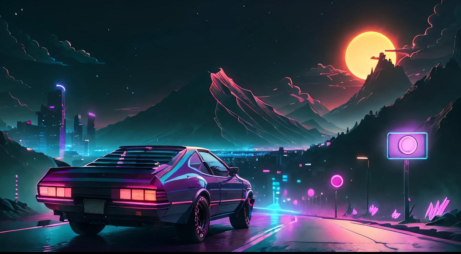 retrowave. city, car, road, purple neon lights, sun, mountain, (masterpiece,detailed,highres),