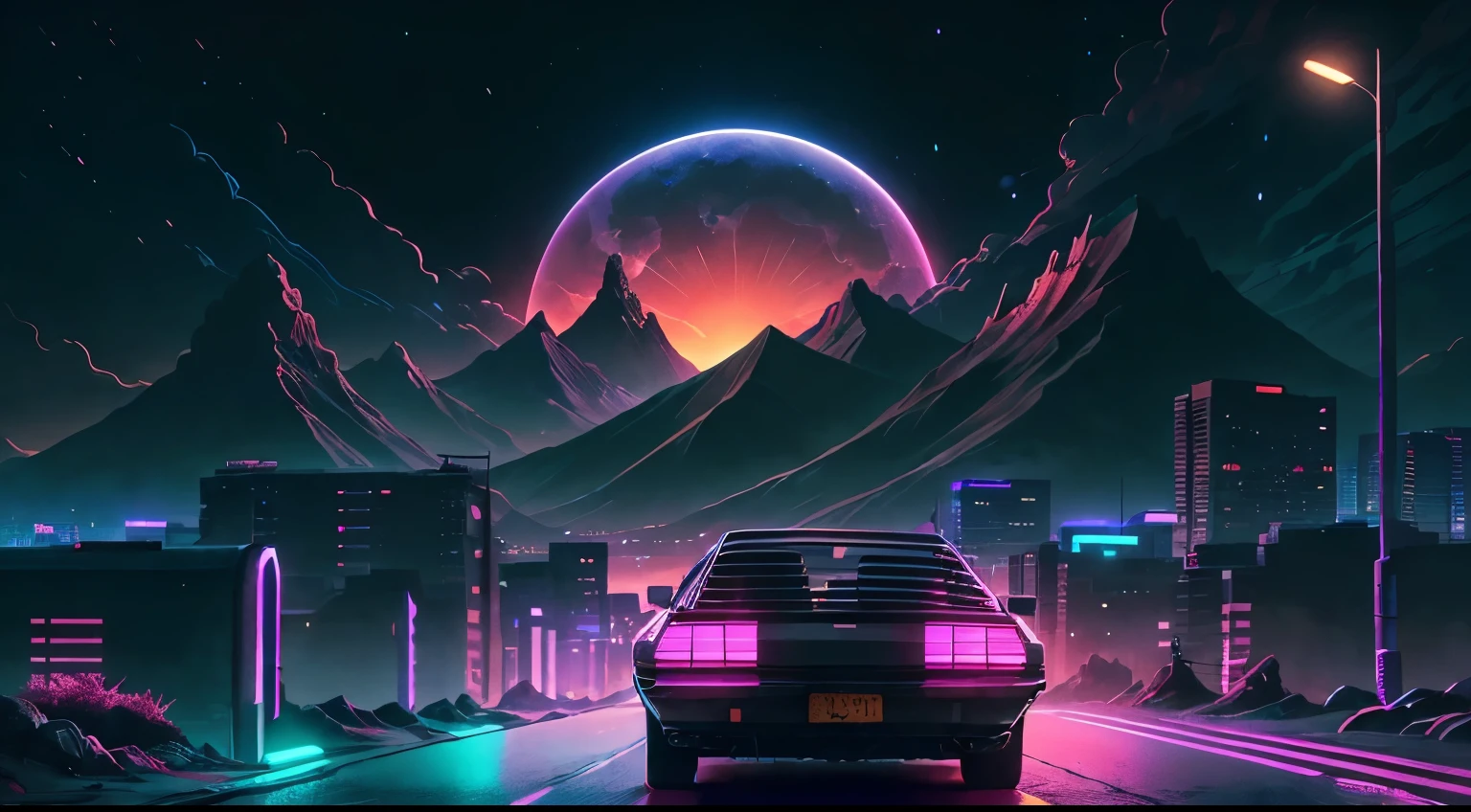 retrowave. city, car, road, purple neon lights, sun, mountain, (masterpiece,detailed,highres),