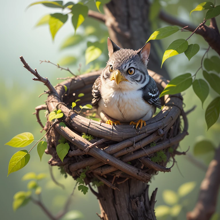 there is a bird that is sitting in a nest on a tree, in a nest, nest is made of sticks, 巢, 精心构图, 特写照片, 获奖镜头