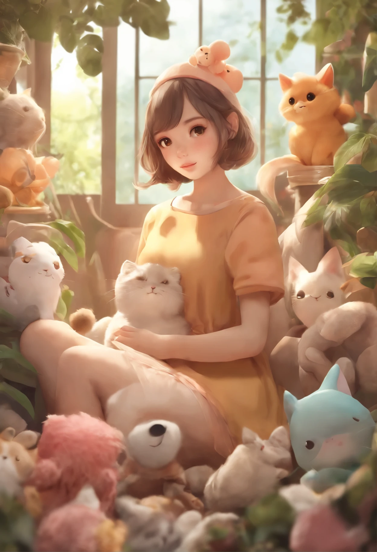 Anime girl with lots of stuffed animals and a cat, Lindo arte digital detallado, por Ryan Yee, Lindo estilo de arte, Adorable pintura digital, Lindo arte digital, lindas ilustraciones detalladas, digital anime illustration, 3D render arte oficial, Arte oficial de alto detalle, official illustration of the character, Anime estilizado, Kawaii HQ render, Estilo de arte pokemon, lindas ilustraciones, fanart detallado