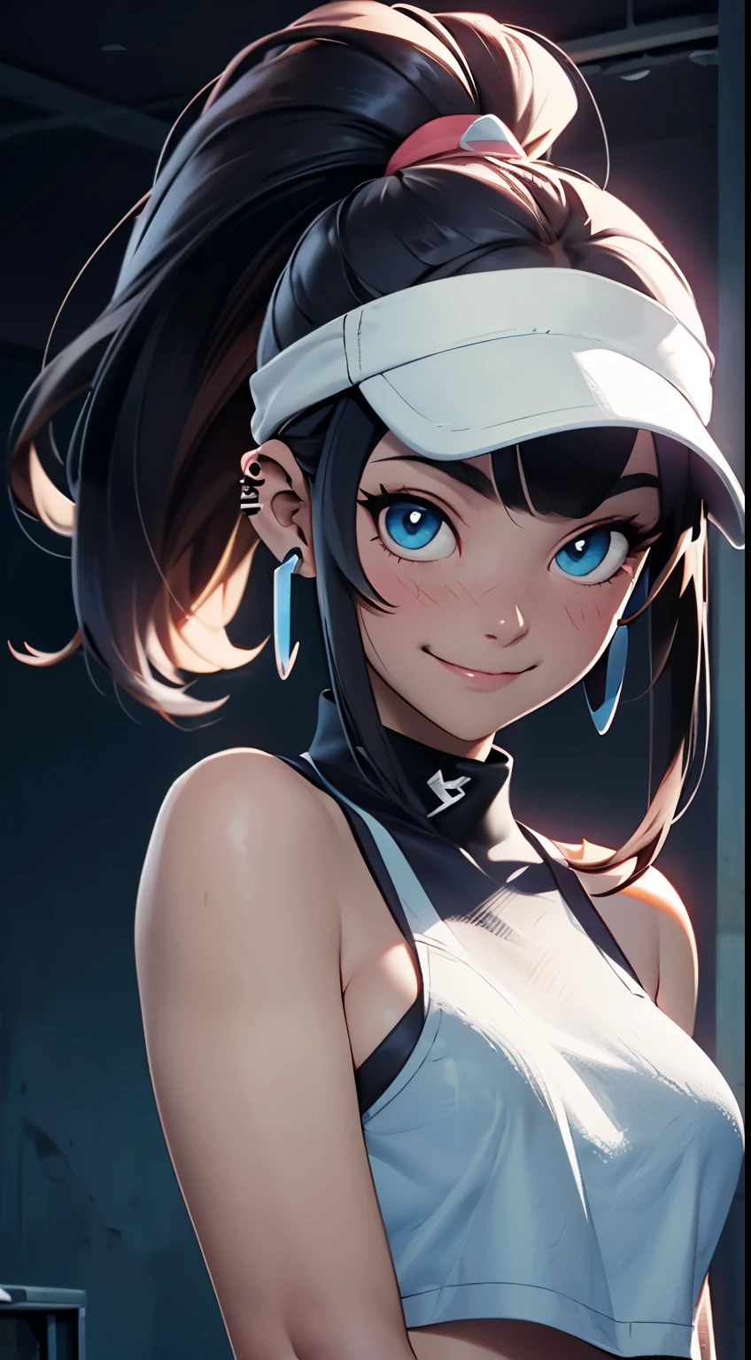 (looking at viewer:1.4), portrait, (standing:1.2),(supermodel:1.2), topless, hilda_(pokemon), 1girl, hat, denim, brown_hair, holding, baseball_cap, blue_eyes, long_hair, {{laughing}},  high_ponytail, ponytail, small_breasts, toppless, nude, big smile, (Punk rock fashion), upper body piercing, bedroom, Pokemon_style, pokemon_Characters