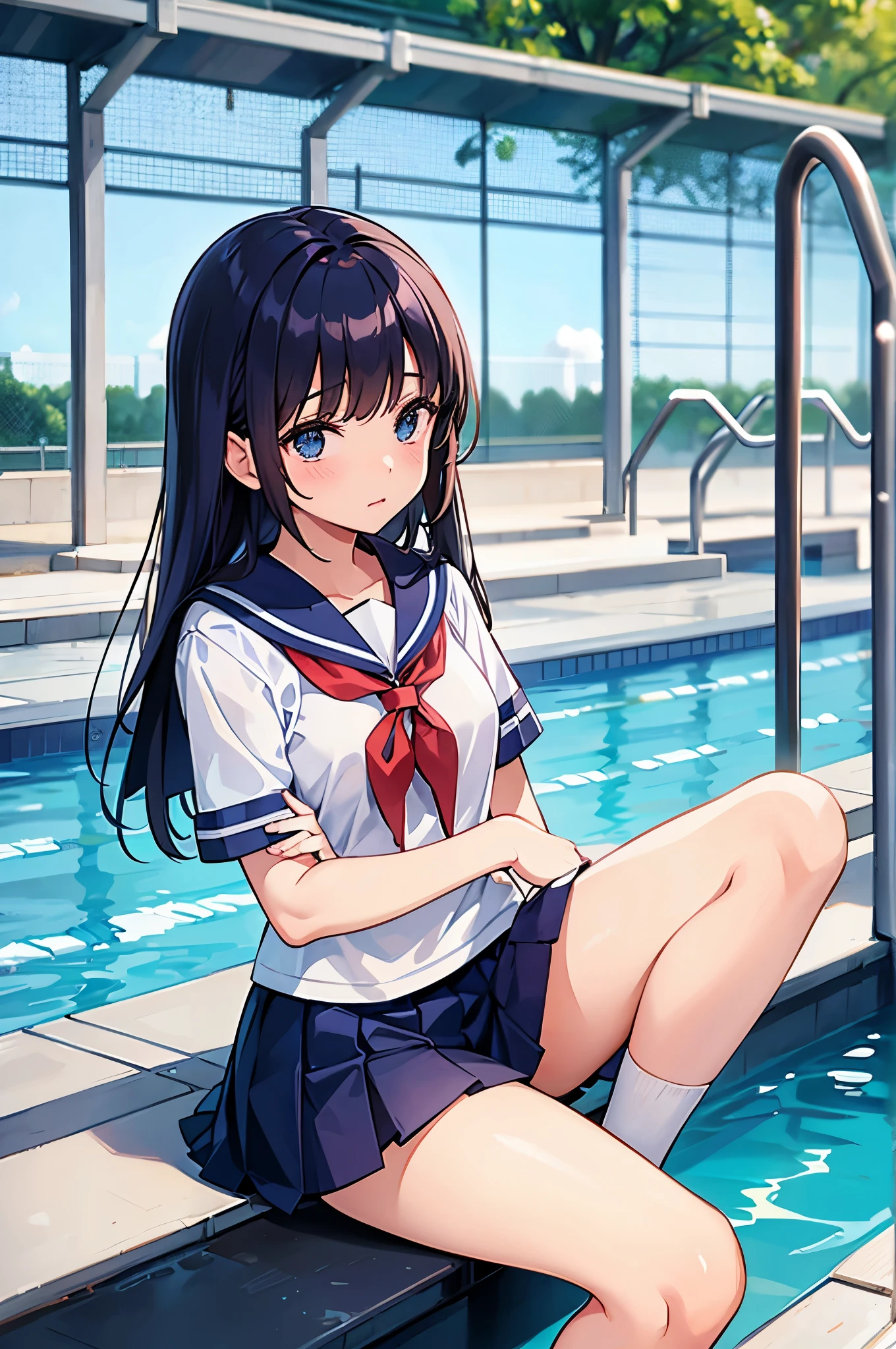 A high school girl in a sailor suit who is not feeling well is sitting by the school pool and holding her knees while watching the tour.