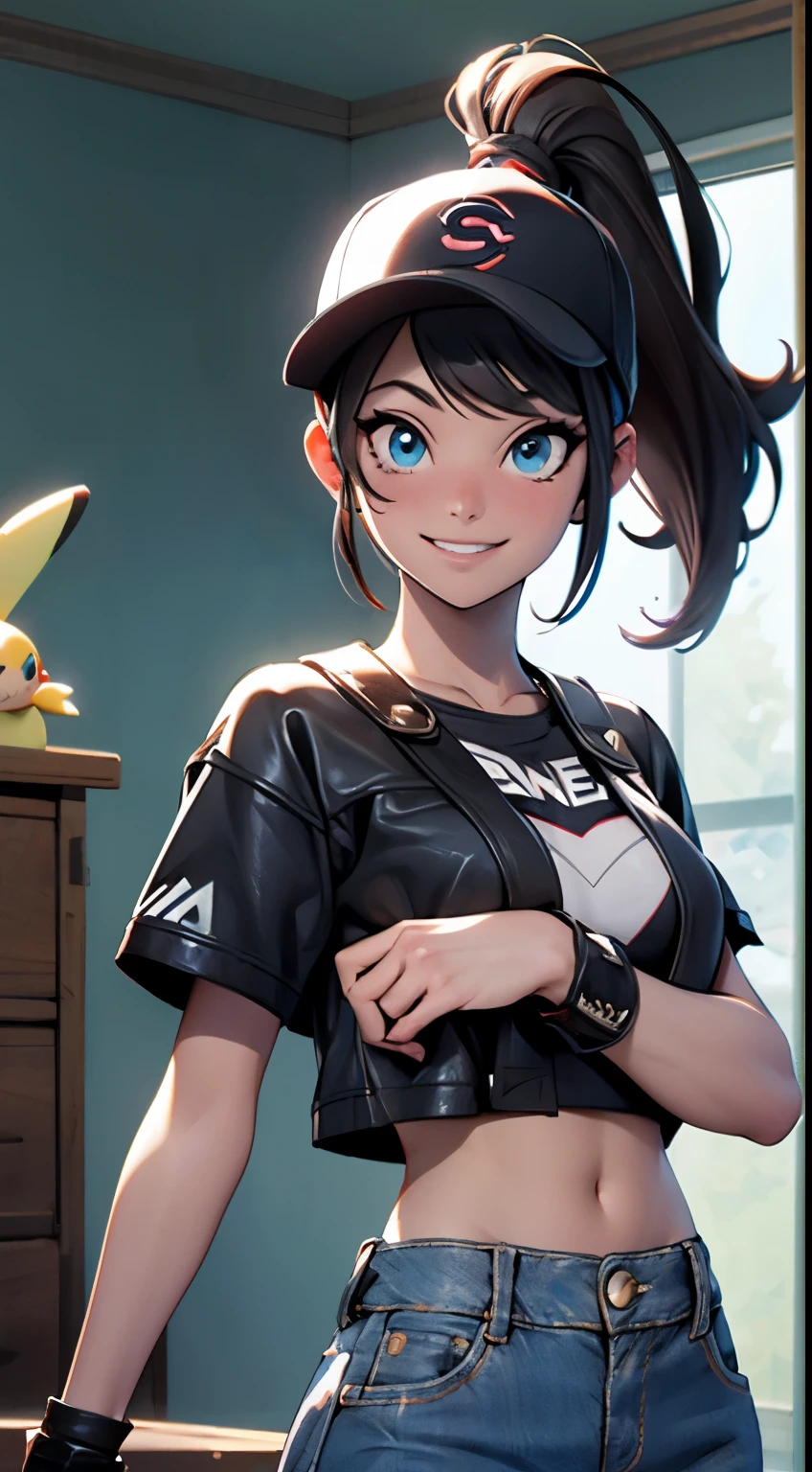 (looking at viewer:1.4), portrait, (standing:1.2),(supermodel:1.2), topless, hilda_(pokemon), 1girl, hat, denim, brown_hair, holding, baseball_cap, blue_eyes, long_hair, {{laughing}}, high_ponytail, ponytail, small_breasts, toppless, nude, big smile, (Punk rock fashion), upper body piercing, bedroom, Pokemon_style, pokemon_Characters