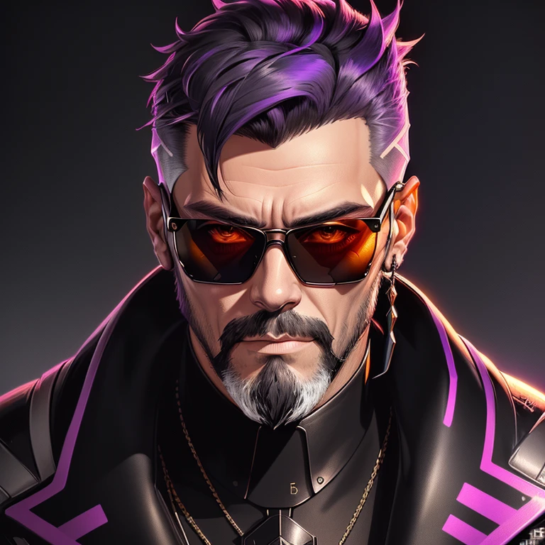 a man with short dark hair a grey beard and rayban sunglasses, cyberpunk art, funk art, stunning gradient colors, stylized portrait h 704, pompadour, twitch streamer, cold colors. insanely detailed, t-800, no watermark signature, in rich color, outrun