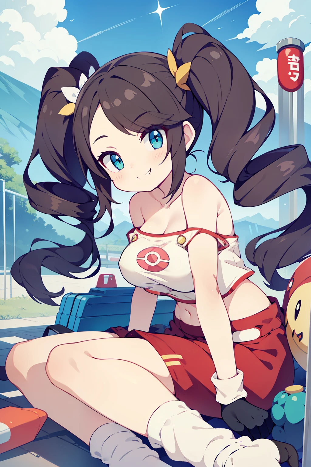 1girl in, (Solo:1.2), (Perfect body:1.1), (Best Quality:1.1), Cute Girl, official art, (Pokémon style:1.1), (Plain tube top:1.5), Tsuriformes, Sanpaku eyes, Narrow-eyed, emerald eyes, A dark-haired, length hair, large full breasts, Missis cart, Navel Ejection, You can see the valley, White long gloves, (Loose socks:1.3), (evil smile:1.2), (mesugaki:1.1), Pointed hair, Hair flowing sideways, drills twintails, I don't have anything in my hands, There is no one around,