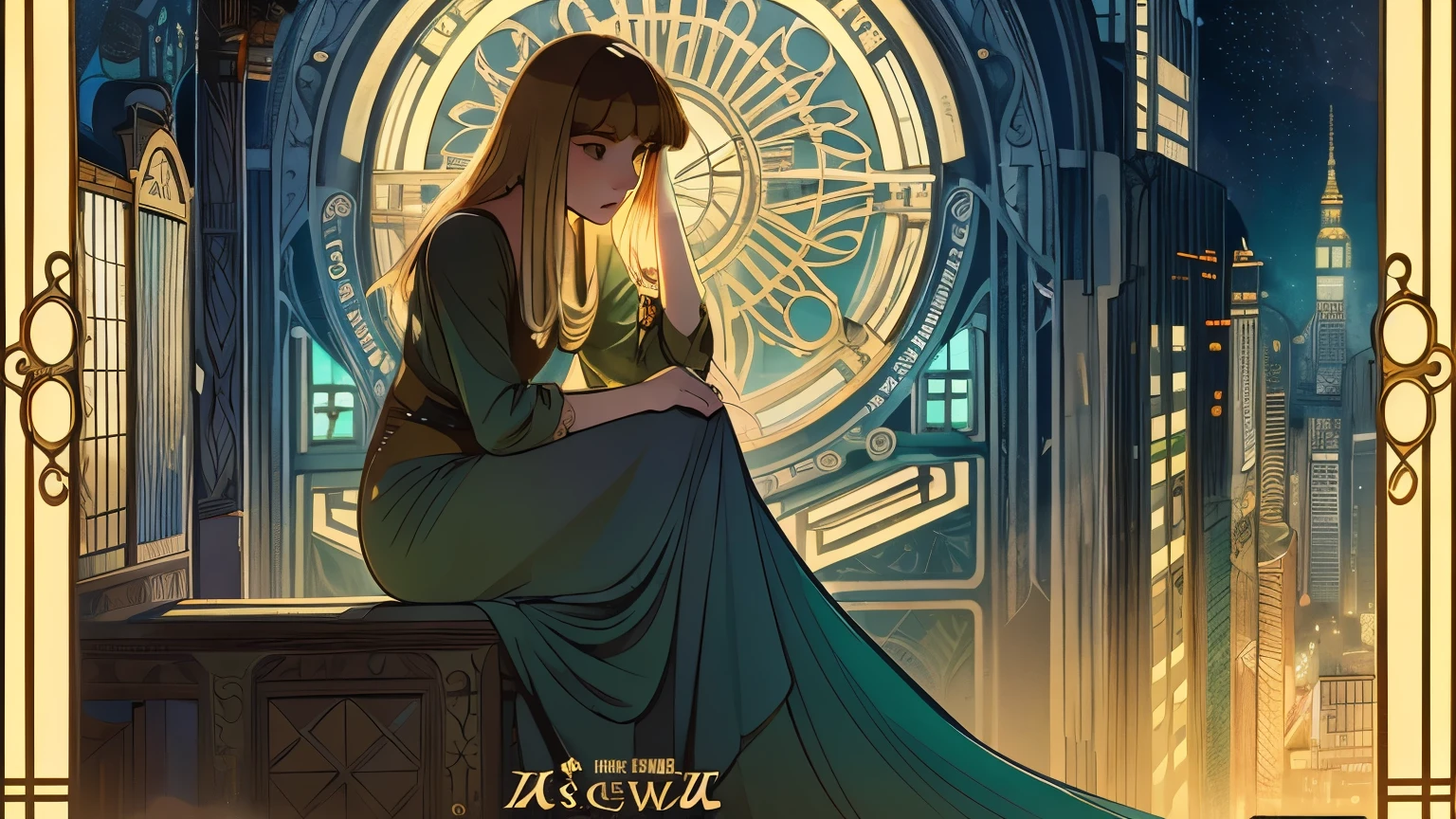 sitting、troubled expression、1 woman、blonde、Night town、Urban hustle and bustle、building、moon、masterpiece, 最high quality, high quality, very detailed CG unified 8k wallpaper, Beautiful landscape painting, award-winning photography, Bokeh, Depth of bounds written, HDR, color difference, realism, very detailed, Art Station Trend, CG Society Trends, Complex, high detail, Drama,color is uniform, tone is even, and the overall atmosphere is high end. Poster art is inspired by Alphonse Mucha, pixiv, nowi, animation new, Mucha Style 4K, Alphonse Mucha style, demura and Alphonse Mucha style, Flat Shading Mucha.