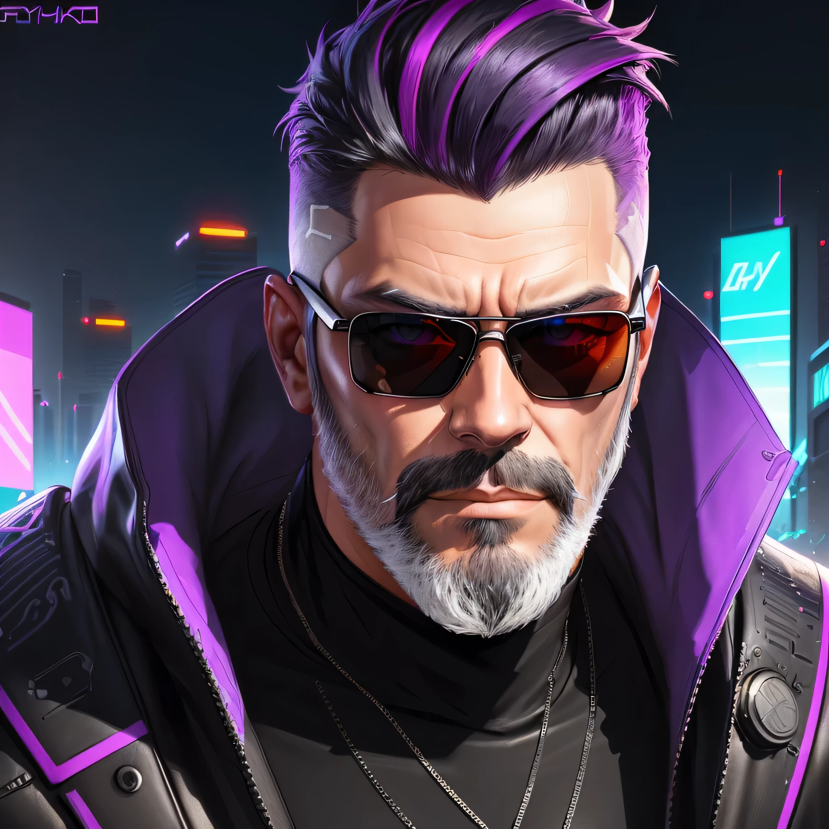 a man with short dark hair a grey beard and rayban sunglasses, cyberpunk art, funk art, stunning gradient colors, stylized portrait h 704, pompadour, twitch streamer, cold colors. insanely detailed, t-800, no watermark signature, in rich color, outrun