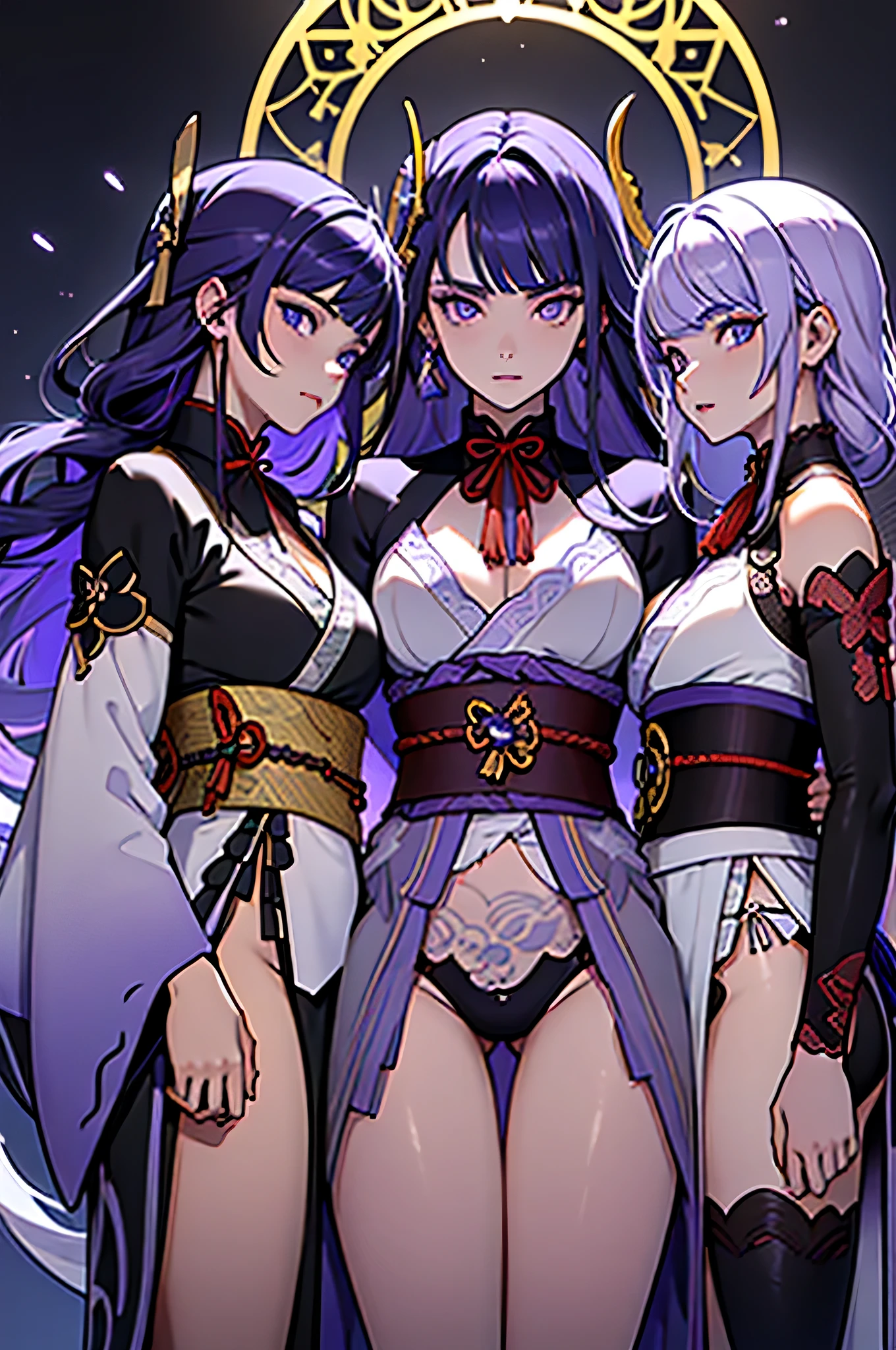 ((mejor calidad)), ((obra maestra)),8k, high definition, high quality, masterpiece:1.5, beatiful, (muy detallado:1.3), tres jovenes mujeres:1.5 , (((3 young women triplets: looks like raiden shogun from genshin impact triplets sisters, cabellos largos, pechos llenos ojos perfectos, Una con un look seductor en un kimono negro, la otra con un kimono blanco y una mirada suave, the last one with casual clothes and a relaxed look))), in a castle in feudal Japan , cabellos violetas, long hair looks like shogun raiden from genshin impact, triplets hermanas:1.5, Pelo violeta, Elengantes,Three young women, con lar pelo como el de la shogun raiden de genshin impact muy detallado , Rostro bonito, cara detallada, Stand Grande, pechos llenos, cara perfecta,, manos detalladas, Paquetes de kimono de lujo perfectos, hermanas, Mujeres hermosas, labios perfectos, labios carnosos, senos grandes, pechos jugosos, pechos llenos, beautiful triplets hermanas, triplets hermanas looks like raiden shogun from genshin impact.